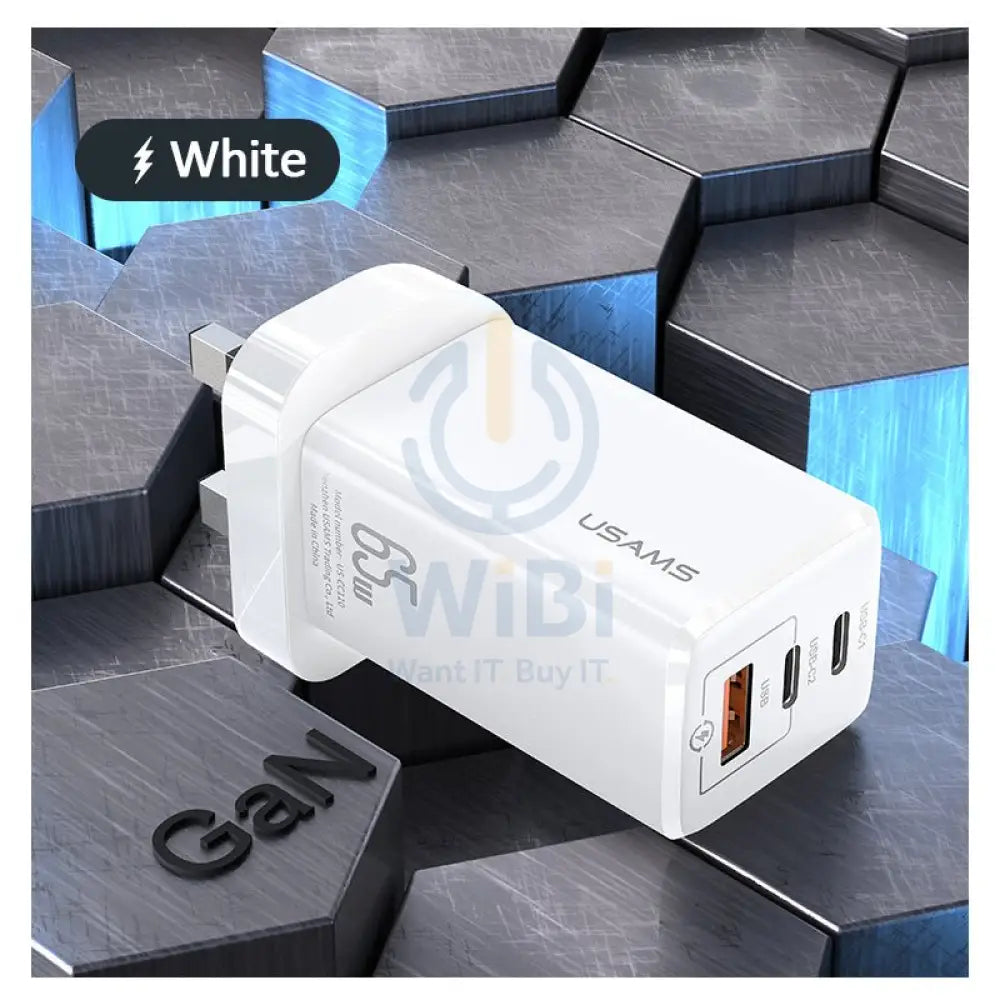 USAMS GAN 65W USB-C Charger With Lightning Cable - 65W / USB-C / USB-A / White