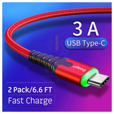 USB Type-C Fast Charging Cable With LED Light - USB Type-C / 2 Meter / Red / Pack of 2 - Cable