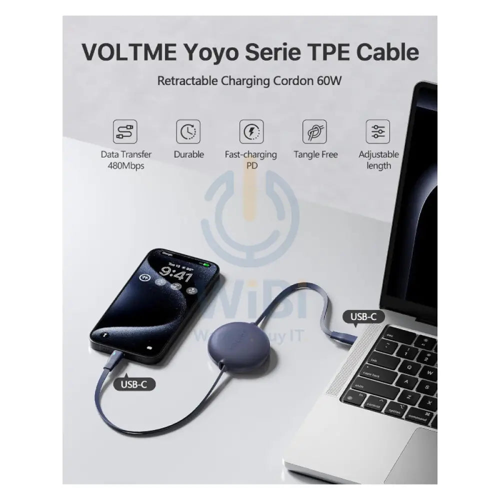 VOLTME Powerlink YoYo Dual-Way Retractable Cable - 1 Meter / 60W / USB-C / Navy Blue Accessories > Cables & Converters