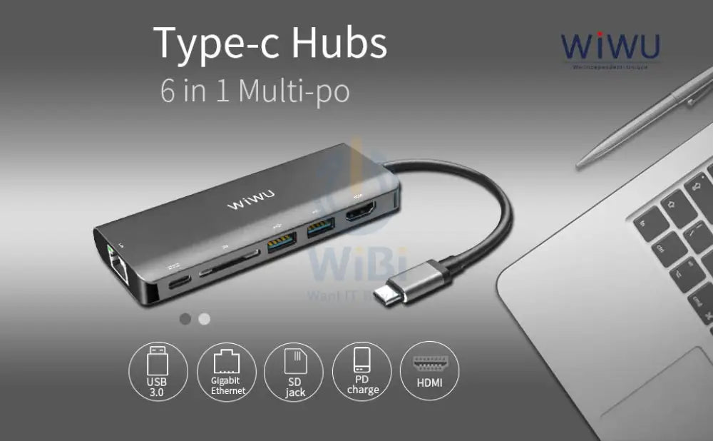 Wiwu Usb Type-C 6 In 1 Hub Aluminum Case For Macbook-H1 + Accessories > Power Adapters