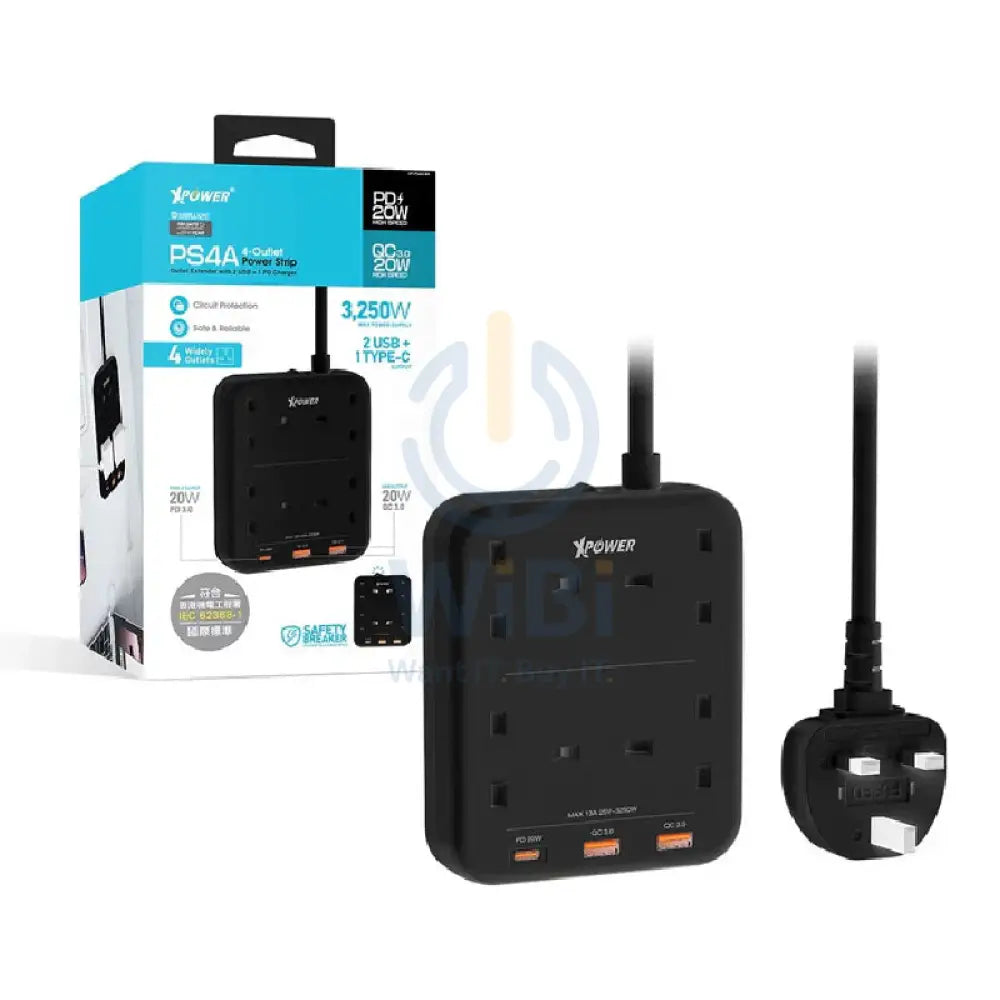 XPower PS4A 7 Output Sockets Power Strip - 3250W / 1 x Type-C / 2 x USB 3.0 / 3 Meter / Black Accessories > Power >