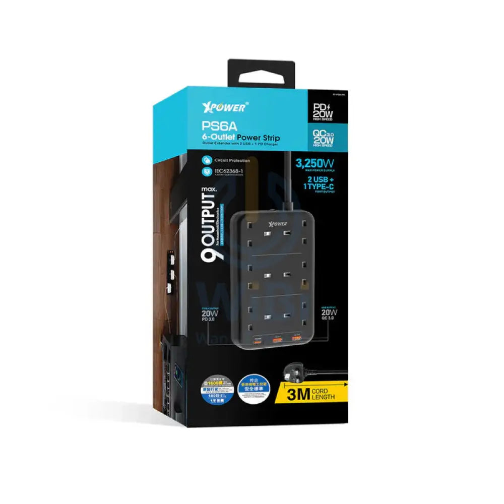 XPower PS6A 9 Output Sockets Power Strip - 3250W / Type-C / USB 3.0 / Black Accessories > Power > Power Protection >