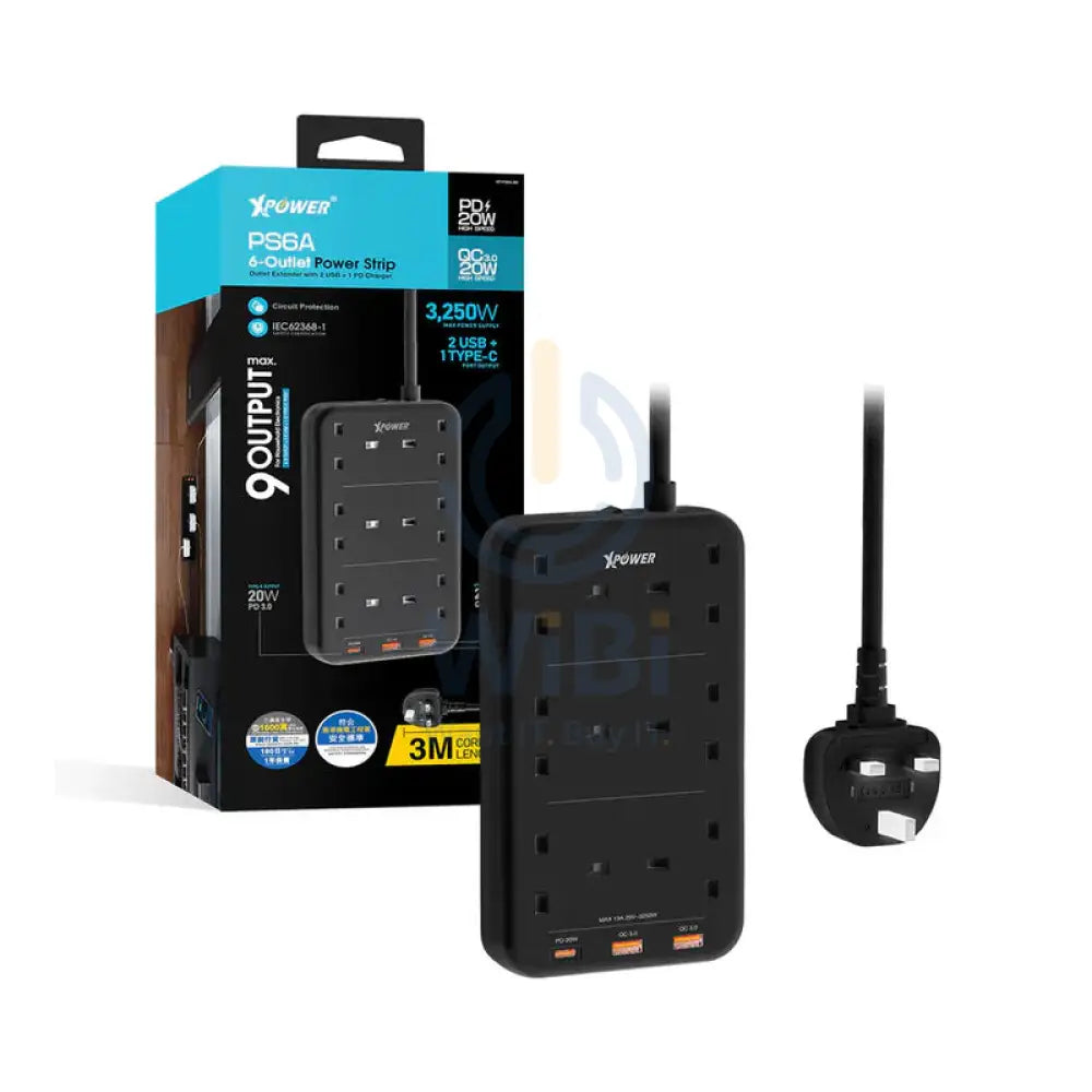 XPower PS6A 9 Output Sockets Power Strip - 3250W / Type-C / USB 3.0 / Black Accessories > Power > Power Protection >