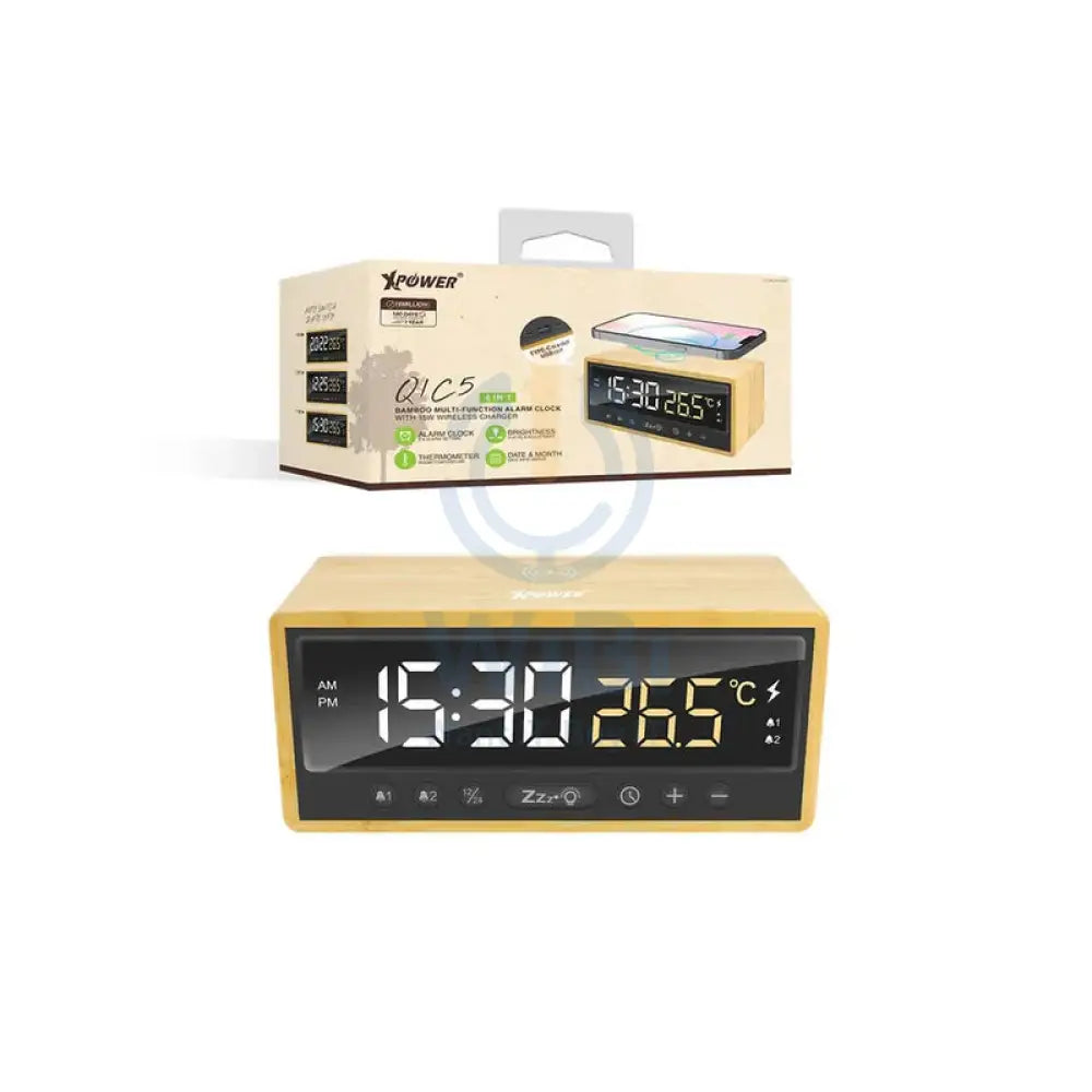 XPower QIC5 4 In 1 Bamboo Alarm Clock With Wireless Charger - 15W / Brown Accessories > Power Adapters