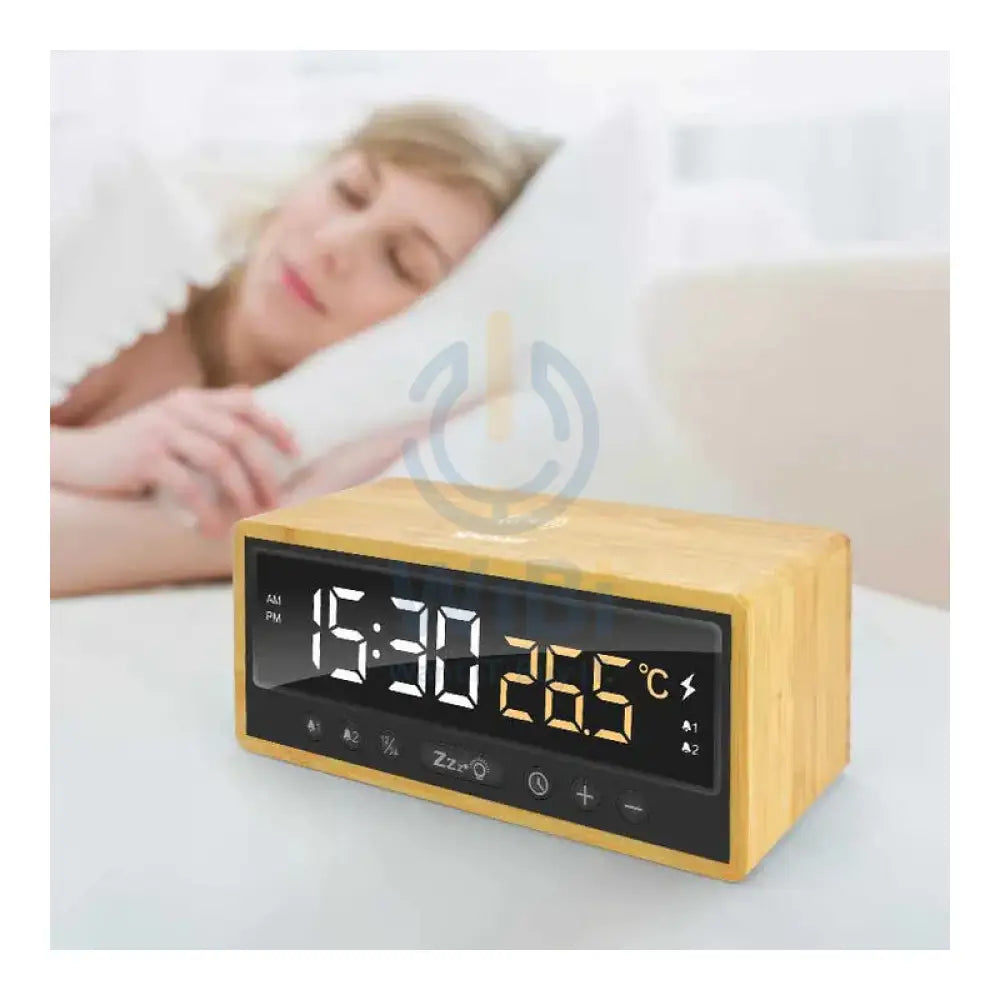 XPower QIC5 4 In 1 Bamboo Alarm Clock With Wireless Charger - 15W / Brown Accessories > Power Adapters
