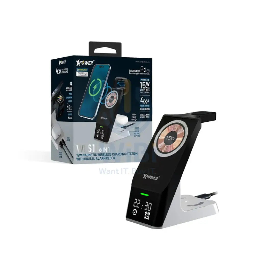 XPower WLS11 6 IN 1 Magnetic Wireless Charging Station with Clock display & alarm clock - 15W / Black Accessories >