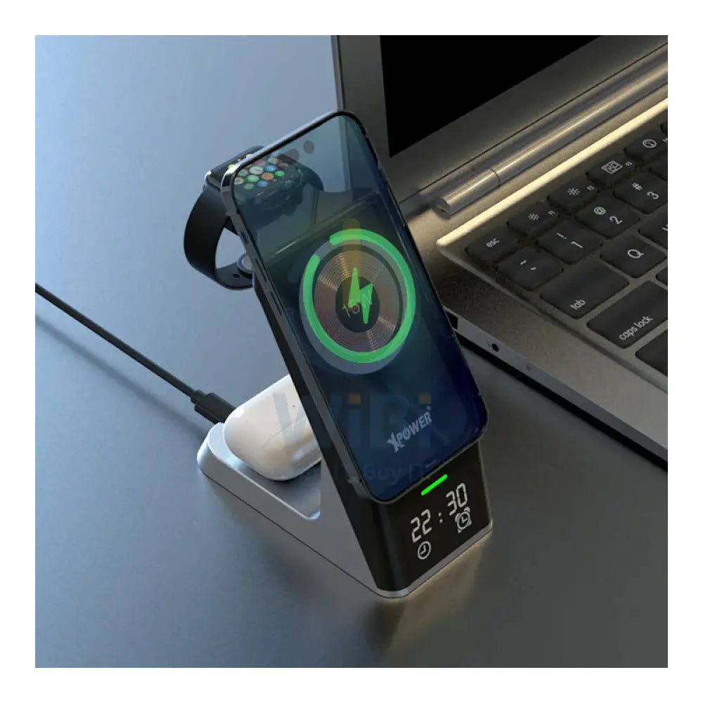 XPower WLS11 6 IN 1 Magnetic Wireless Charging Station with Clock display & alarm clock - 15W / Black Accessories >