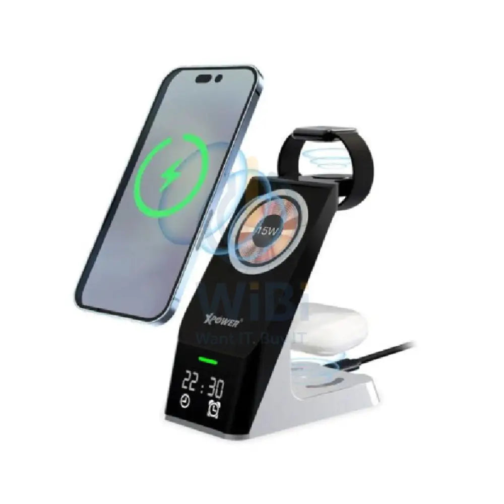 XPower WLS11 6 IN 1 Magnetic Wireless Charging Station with Clock display & alarm clock - 15W / Black Accessories >