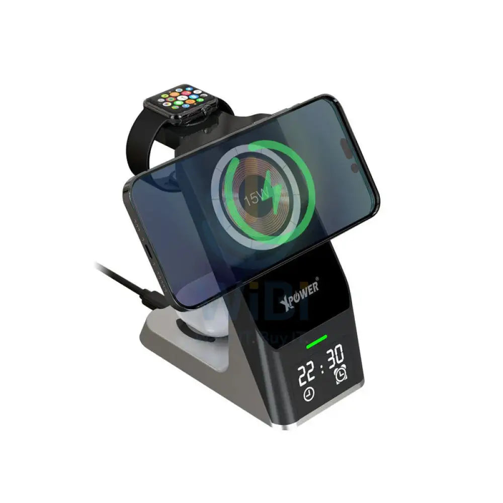 XPower WLS11 6 IN 1 Magnetic Wireless Charging Station with Clock display & alarm clock - 15W / Black Accessories >