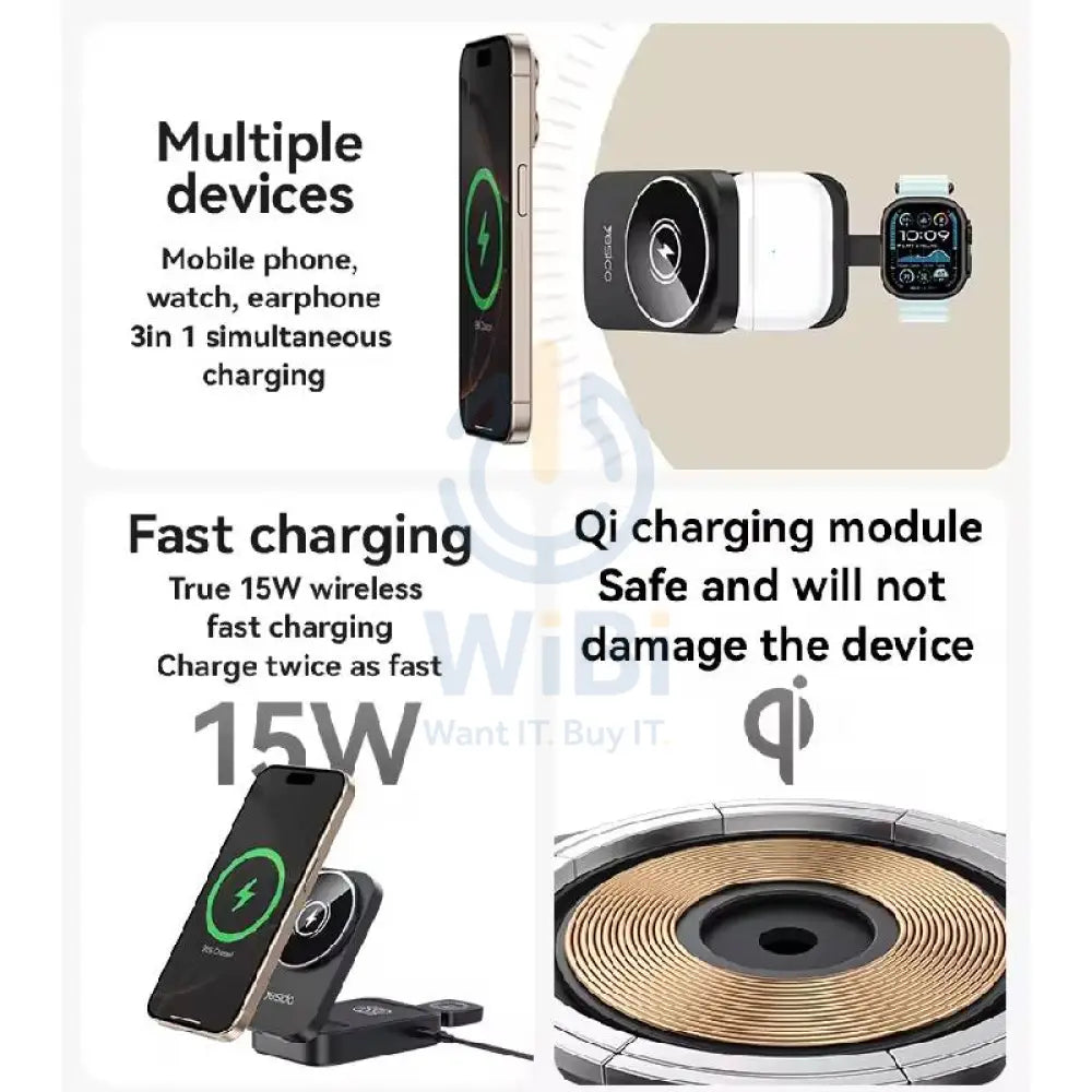 Yesido DS27 3-in-1 Desktop Wireless Charger - 15W / Black Accessories > Power Adapters