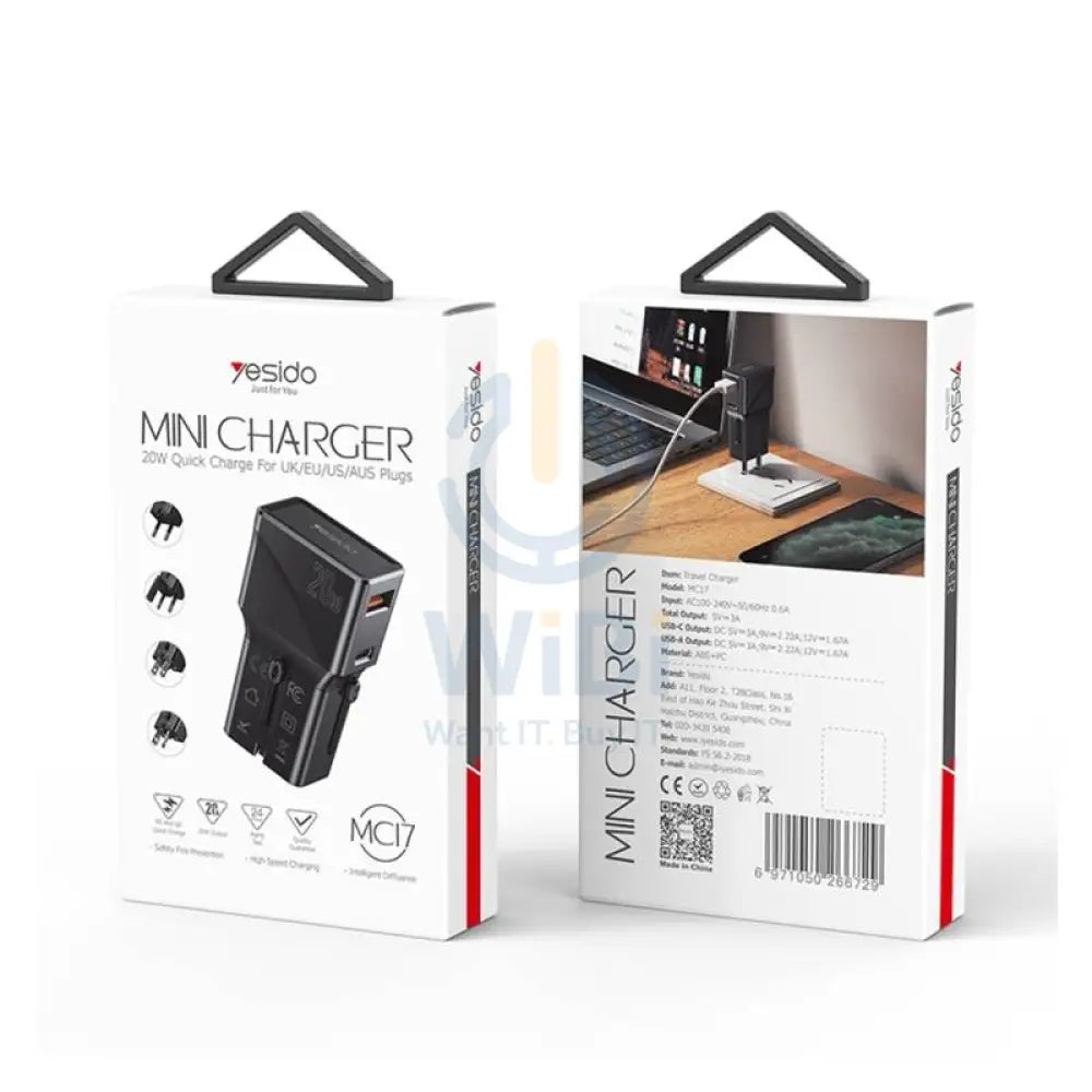 Yesido MC17 Universal Travel Charger - 20W / USB-C / USB-A / Black Accessories > Power Adapters