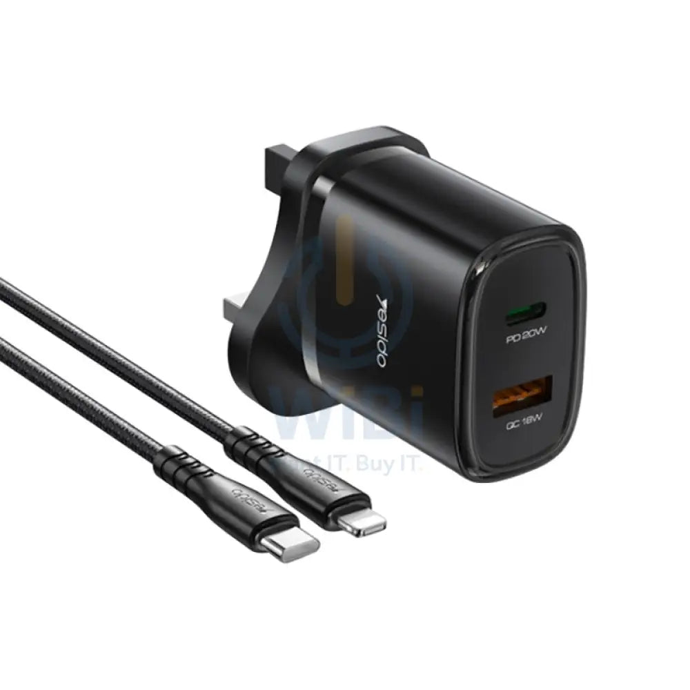 Yesido YC46 8 Pin Cable Travel Charger - 1M / USB / Type-C - Black Accessories > Power Adapters