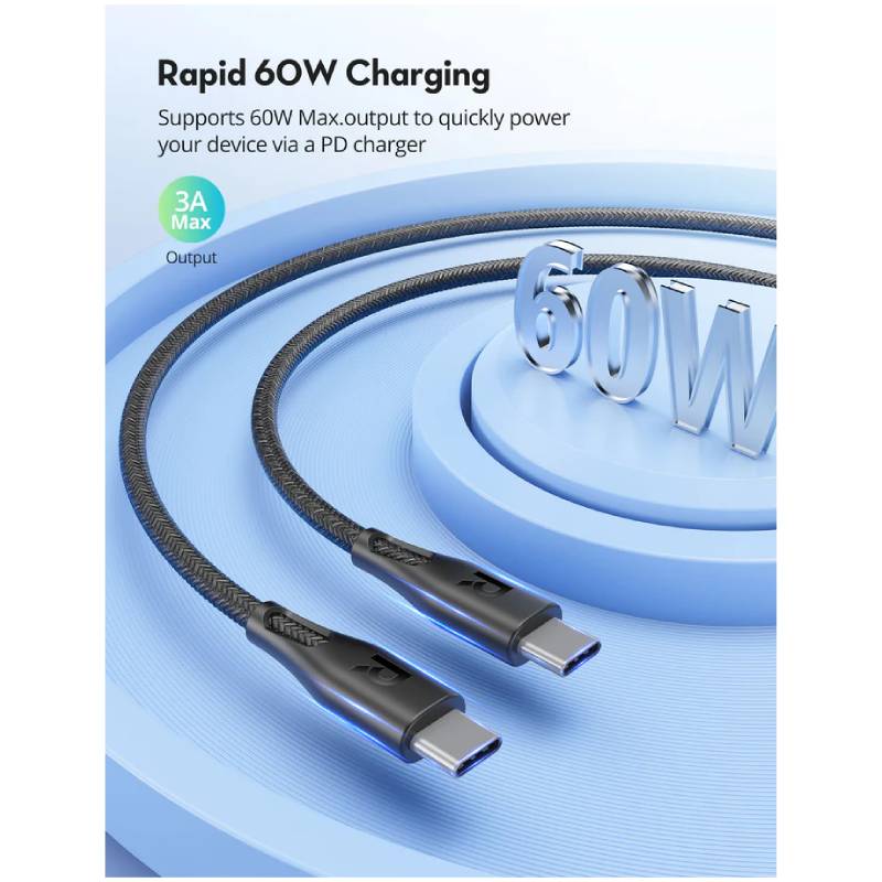 RAVPower Nylon Braid Fast Charging Cable - 1.2m / 60W / Type-C to Type-C