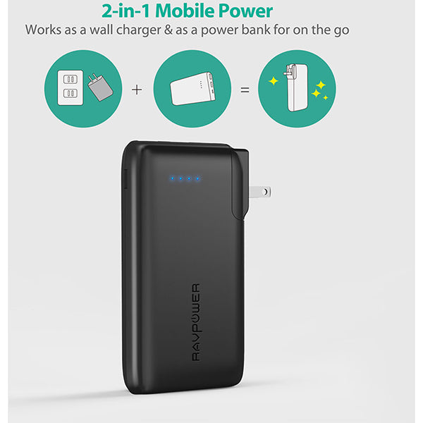 RavPower10000mAh Power Bank With EU & UK Adapter Black (Built-In US Plug)