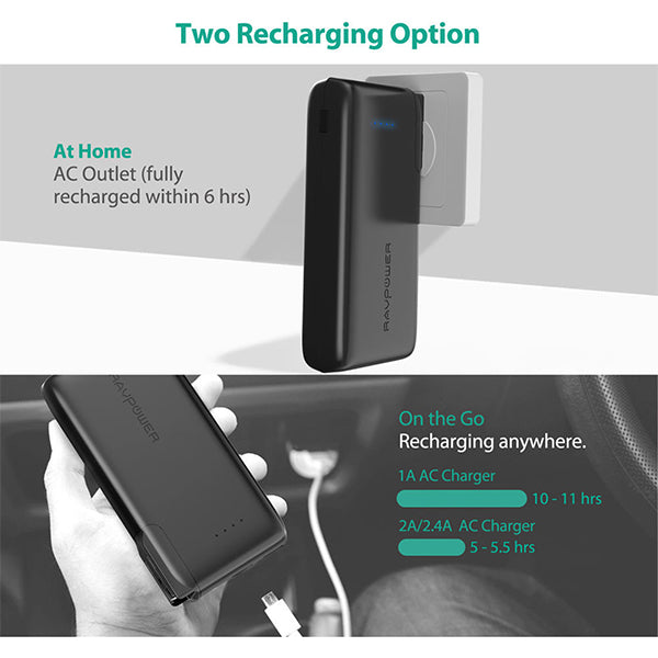 RavPower10000mAh Power Bank With EU & UK Adapter Black (Built-In US Plug)