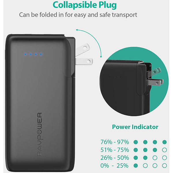 RavPower10000mAh Power Bank With EU & UK Adapter Black (Built-In US Plug)