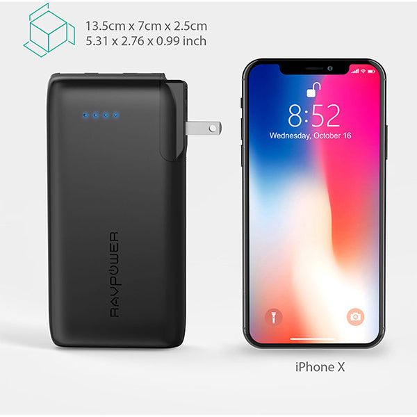 RavPower10000mAh Power Bank With EU & UK Adapter Black (Built-In US Plug)