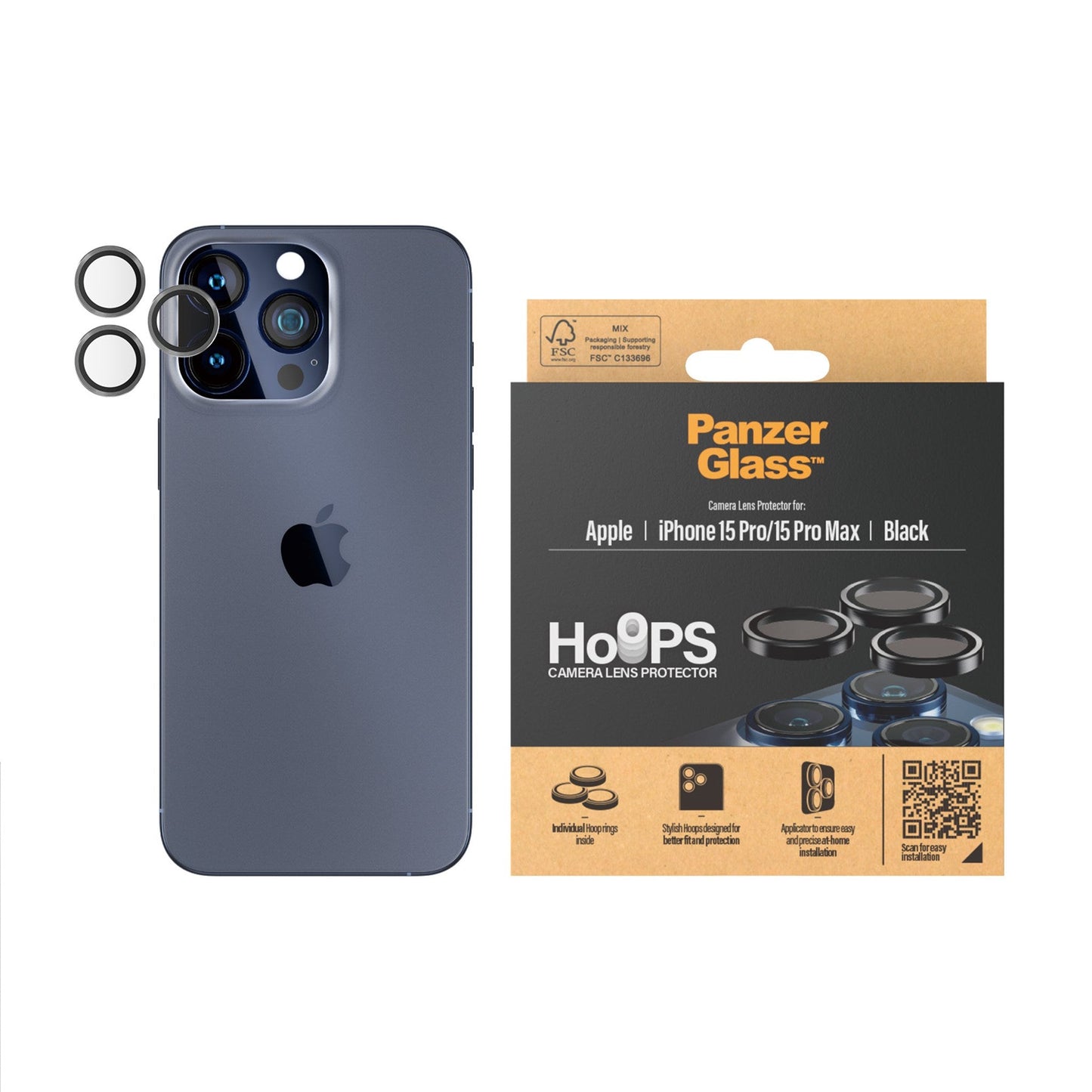 PanzerGlass Hoops Camera Lens Protector for Apple iPhone 15 Pro / Apple iPhone 15 Pro Max - Black