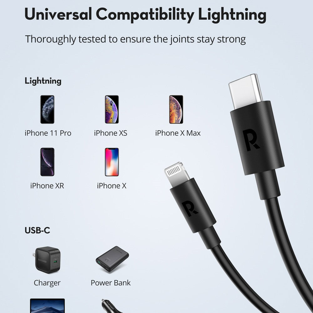 RAVPower TPE Type-C to Lightning Charging Cable - 0.3 Meter / Black