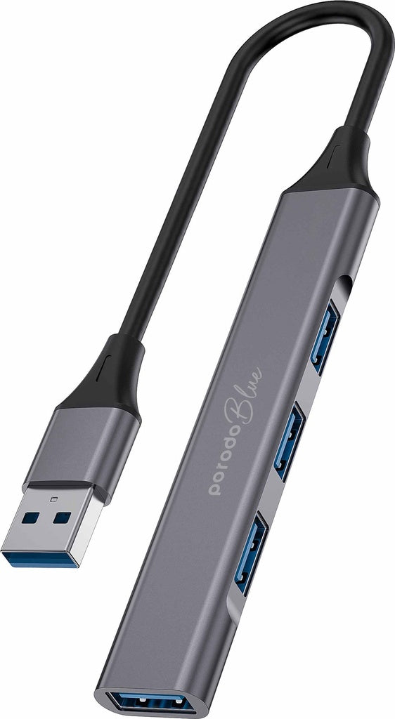 Porodo Blue 4 in1 USB-A Hub to 1 x USB-A 3.0 5Gbps and 3 x USB- A 2.0 480Mbps - Black