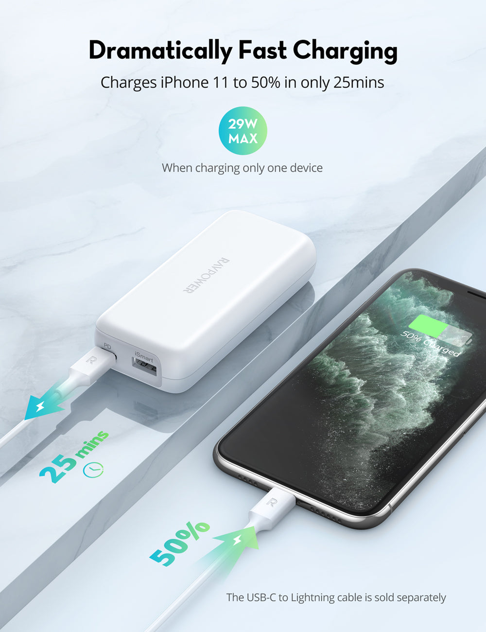 RAVPower RP-PB186B 10000mAh Power Bank 20W USB C Portable Charger - White