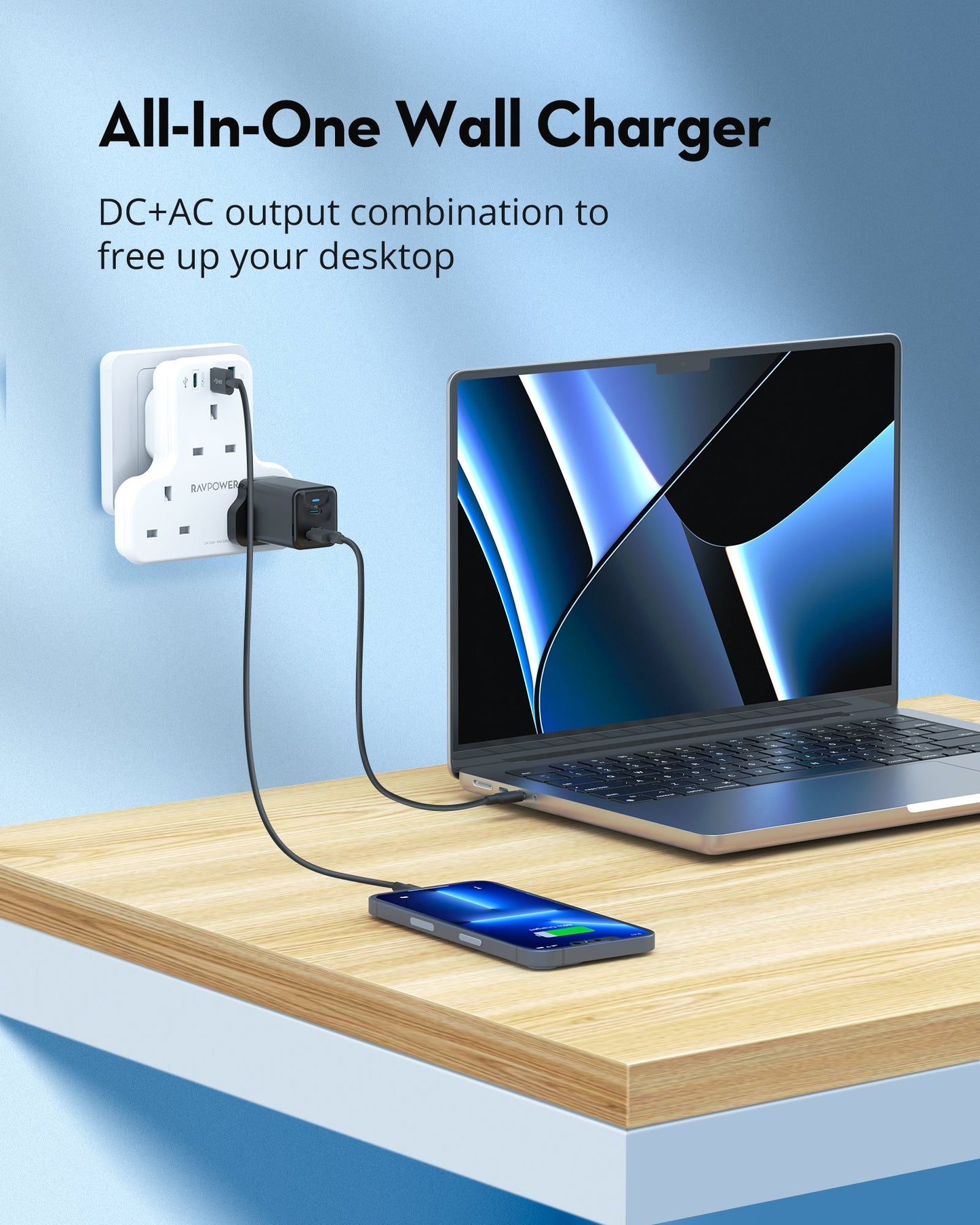 RAVPower Pioneer 20W 3 port charger with 3 AC plug - White