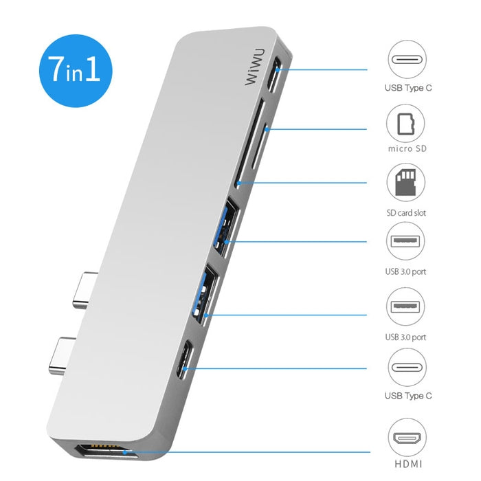 Wiwu USB Type-C 7 In 1 Hub Aluminum Case - Macbook-T8 / Silver