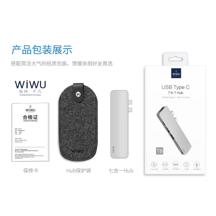 Wiwu USB Type-C 7 In 1 Hub Aluminum Case - Macbook-T8 / Silver