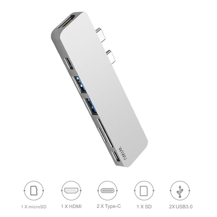 Wiwu USB Type-C 7 In 1 Hub Aluminum Case - Macbook-T8 / Silver