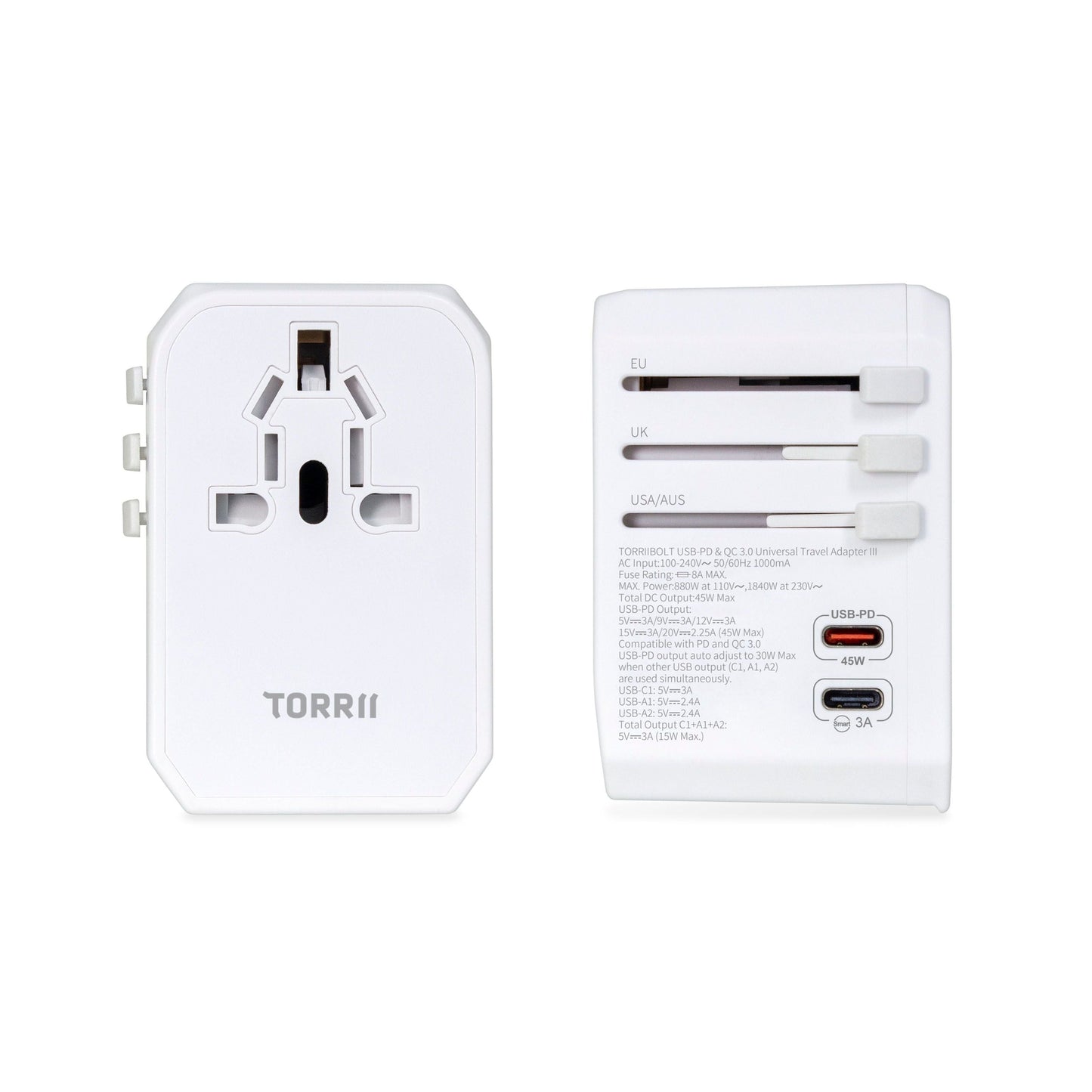 Torrii Bolt Universal Travel Adapter III –  USB-PD / QC 3.0 / White