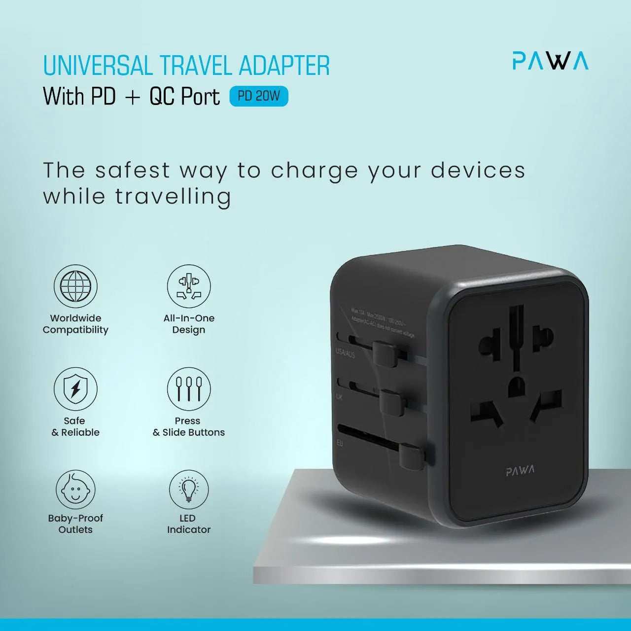 Pawa Universal Travel Adapter with PD + QC 20W – Black