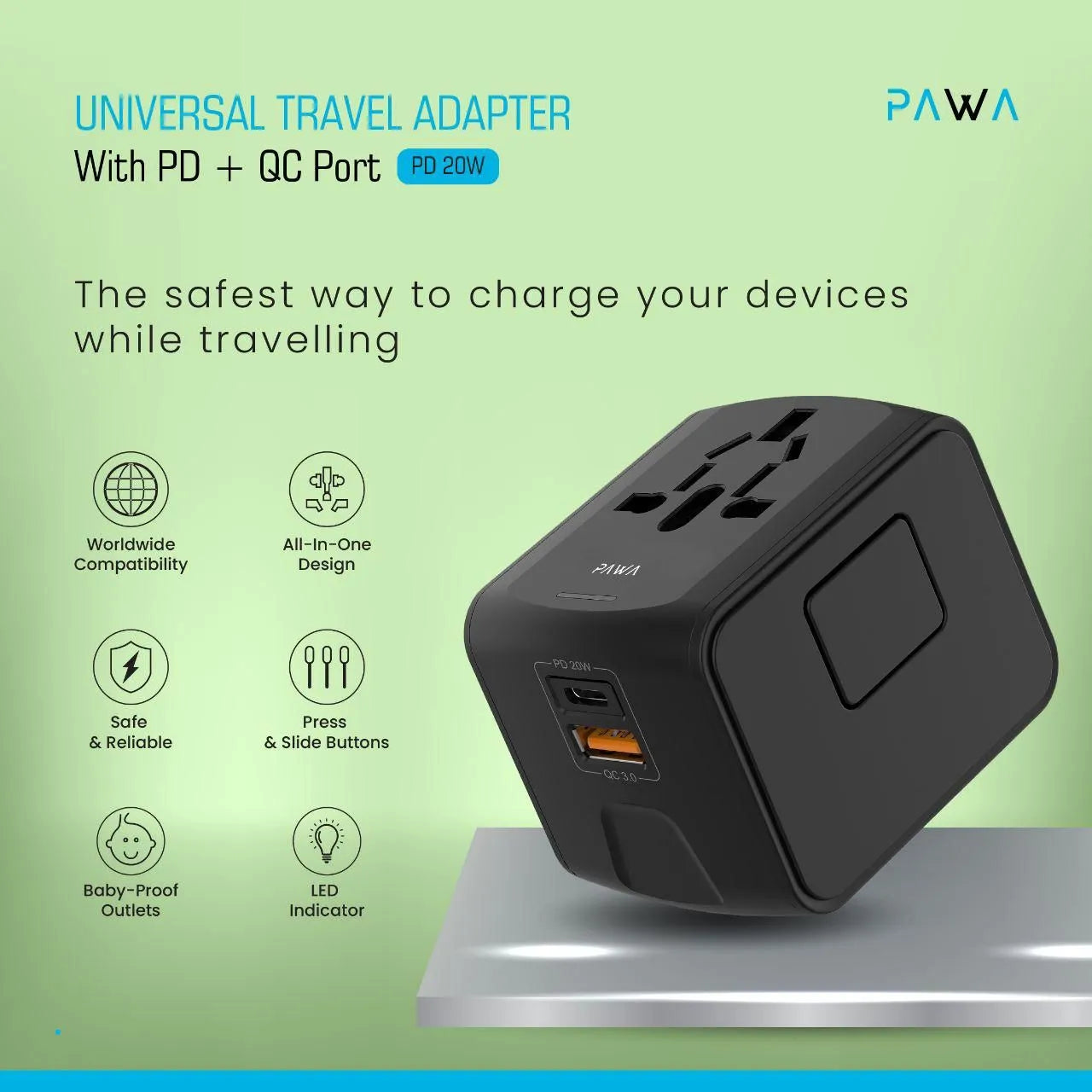 Pawa Universal Travel Adapter with PD + QC 20W – Black