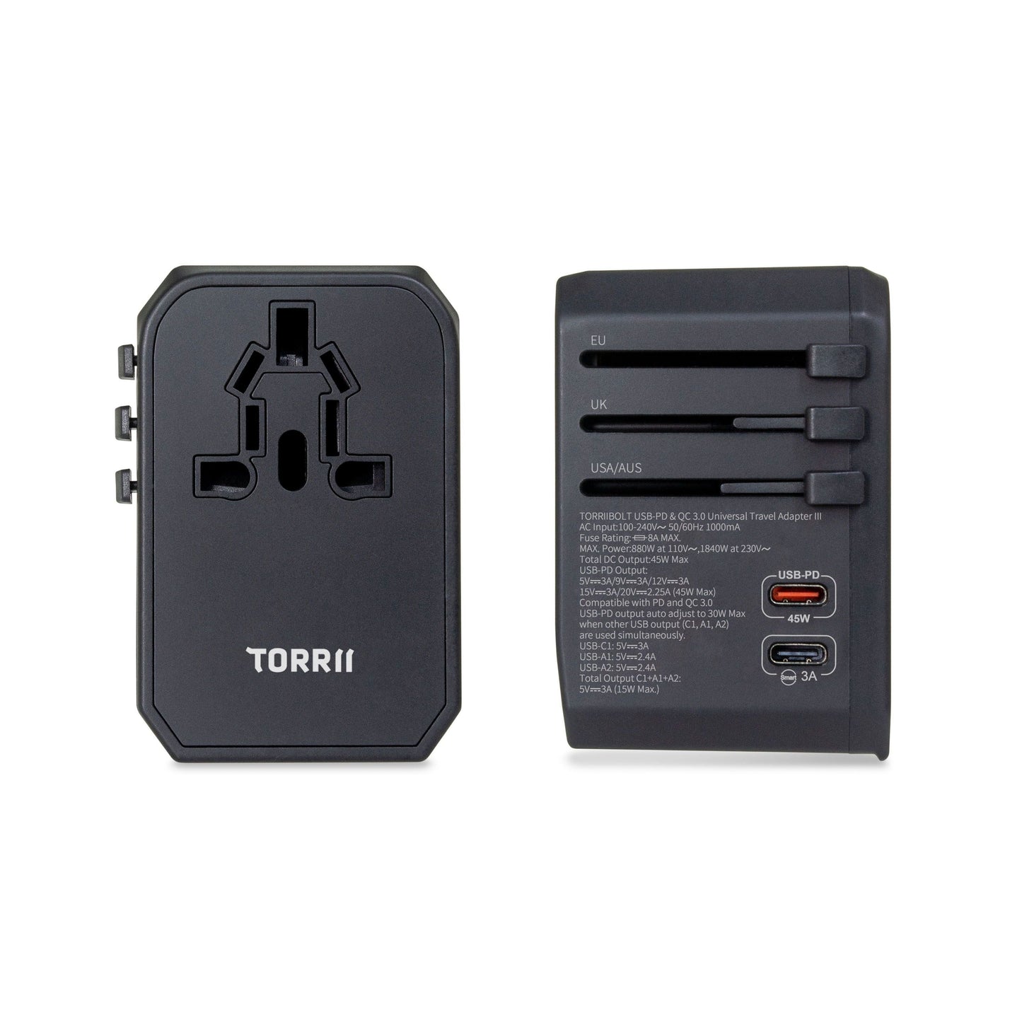 Torrii Bolt Universal Travel Adapter III –  USB-PD / QC 3.0 / Black