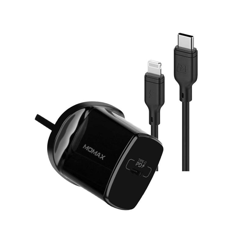 Momax USB-C PD Pack – Fast Charger + Lightning to USB-C Cable - 20W / 1.2m / Black
