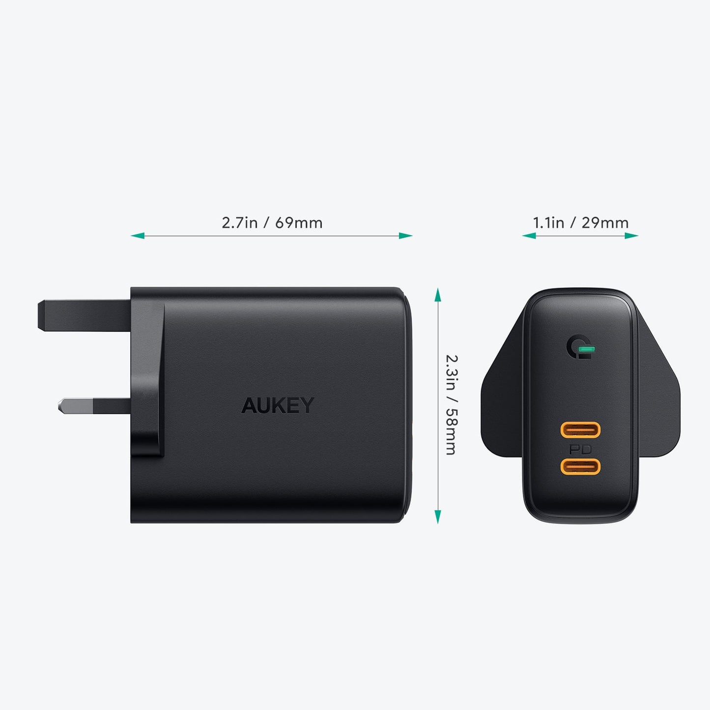 AUKEY Dual-Port Wall Charger with Dynamic Detect - 36W / USB-C / Black