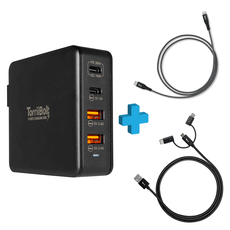 Torrii Bolt 4 Port Charging Hub 47W With One Torrii Kevable PD cable & One Torrii Kevable 3In1 cable - Black