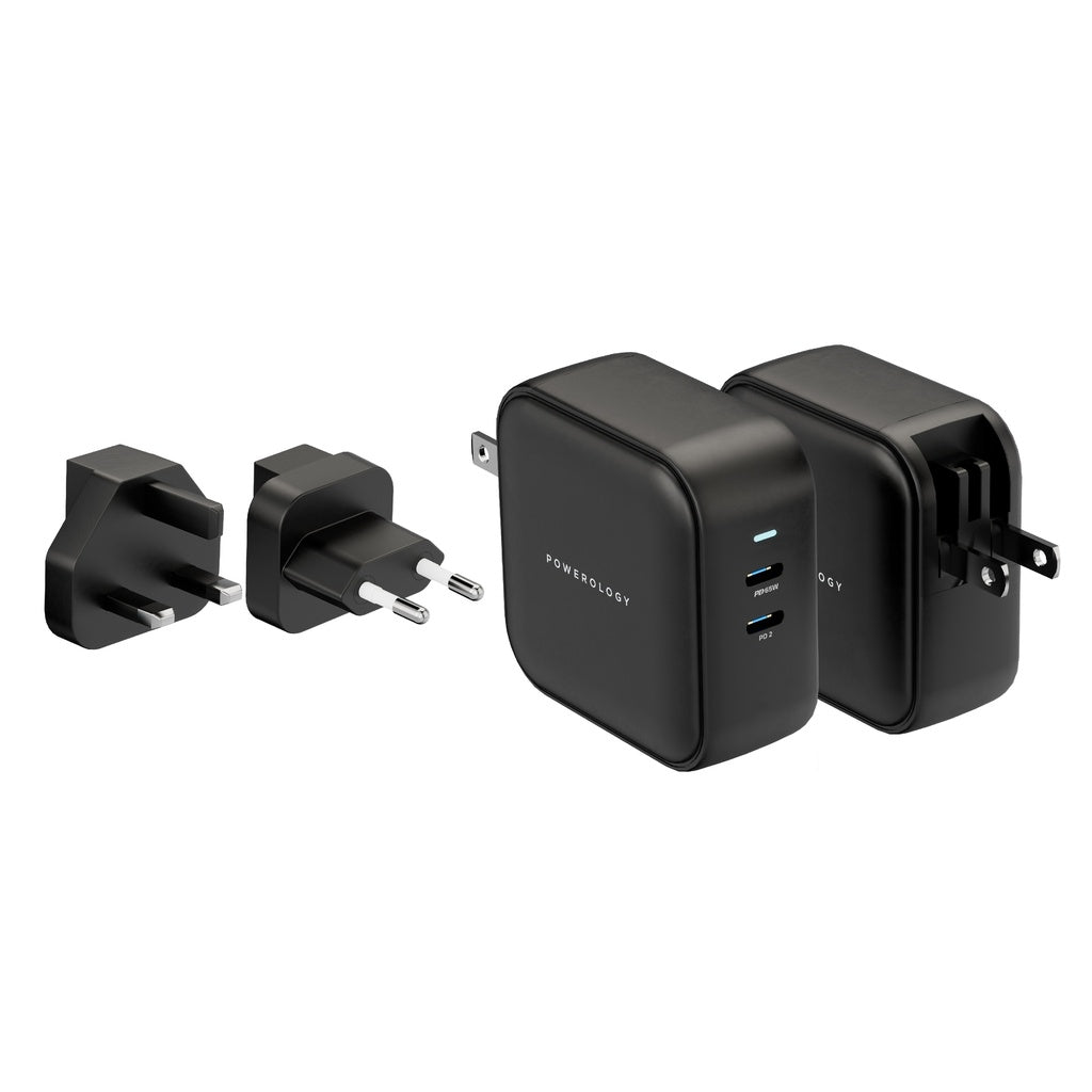 Powerology Dual Port Power Adapter World Travel Kit - 65W / USB-C / Black