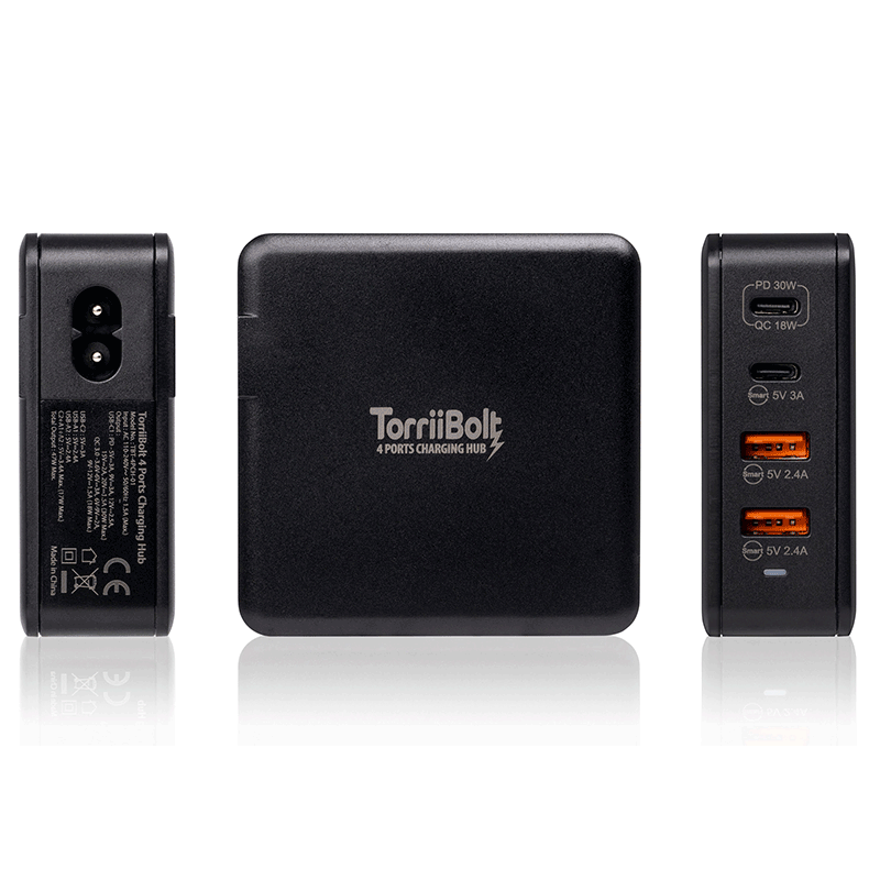 Torrii Bolt 4 Port Charging Hub - 47W / 2 x USB-C / 2 x USB-A / QC 3.0 / Black