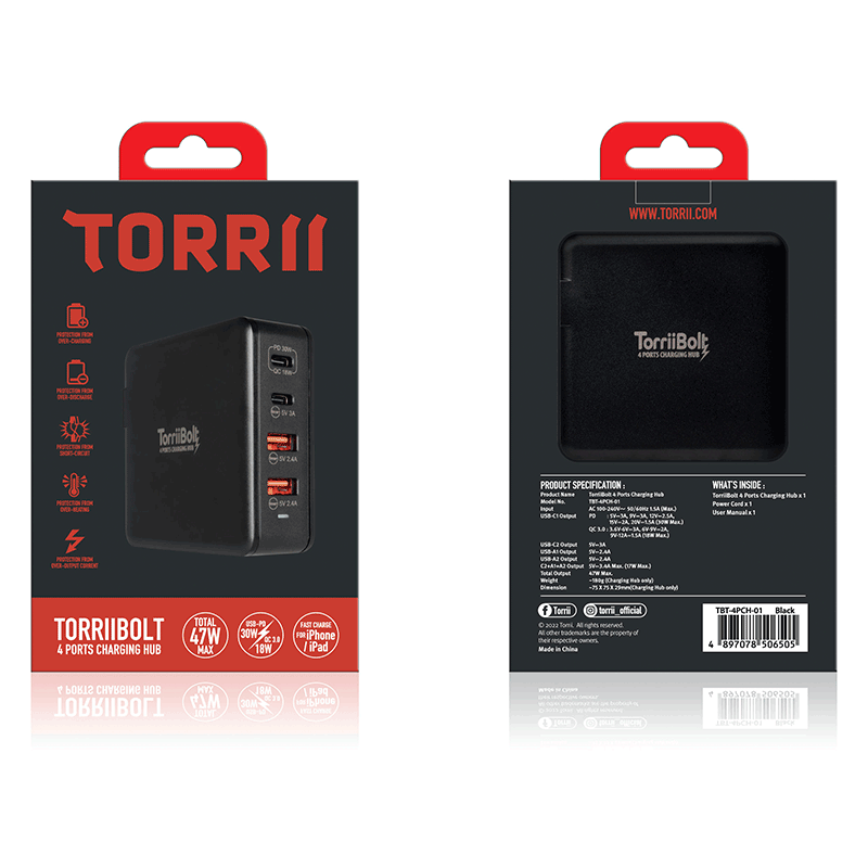 Torrii Bolt 4 Port Charging Hub - 47W / 2 x USB-C / 2 x USB-A / QC 3.0 / Black