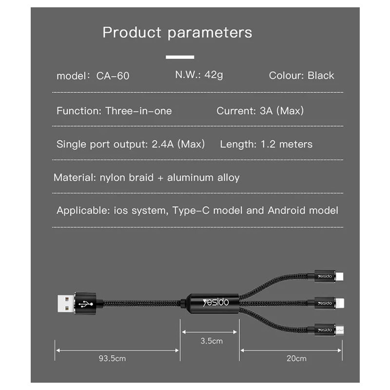 Yesido CA-60 3-in-1 Cable - Micro USB / Lightning / USB-C / Black