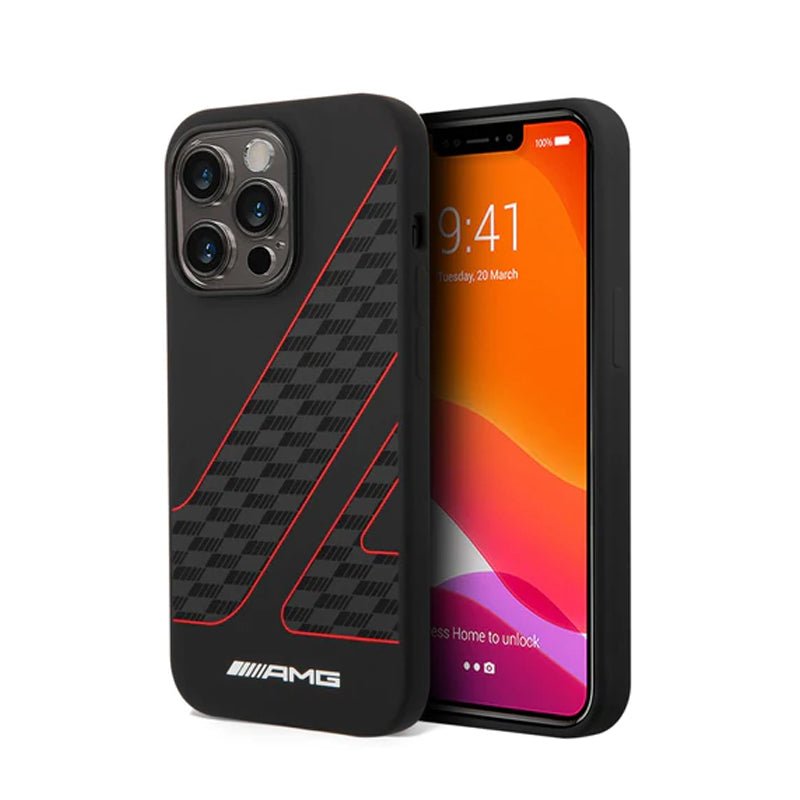 AMG Liquid Silicone Case Checkered Flag Pattern - Apple iPhone 14 Pro Max / Black / Red