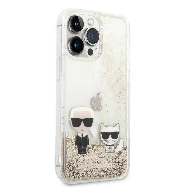 Karl Lagerfeld Liquid Glitter Case and Karl Choupette Head for Apple iPhone 14 Pro - Gold