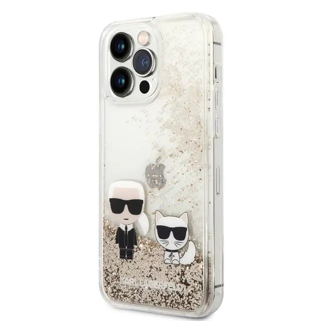 Karl Lagerfeld Liquid Glitter Case and Karl Choupette Head for Apple iPhone 14 Pro - Gold