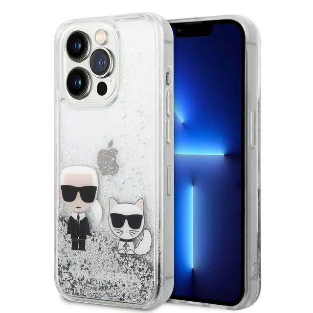Apple iPhone 14 Pro - Silver Karl Lagerfeld  Liquid Glitter Case and Karl and Choupette Head