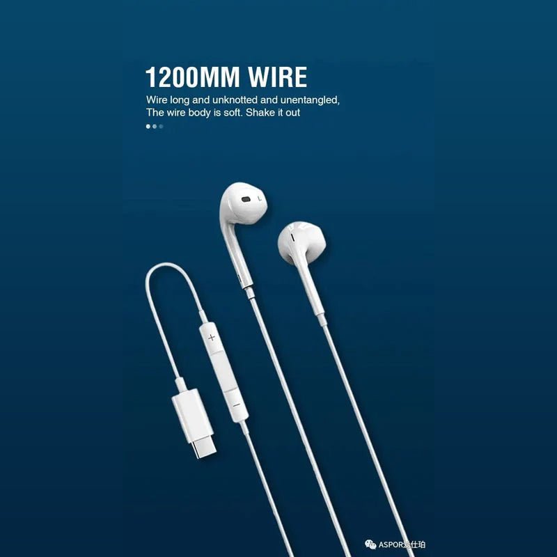 Aspor A215 Wired Earphone - Wired / 1.2 Meters / USB-C / White
