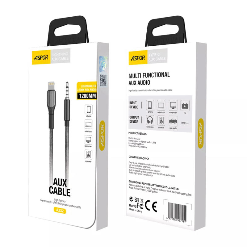 Aspor A232 Lightning audio Cable - 1.2 Meter / 3.5mm / Black