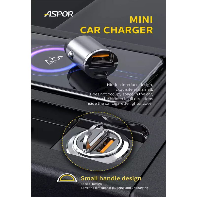 Aspor A908 Power Delivery Fast Car Charger - 30W / Black