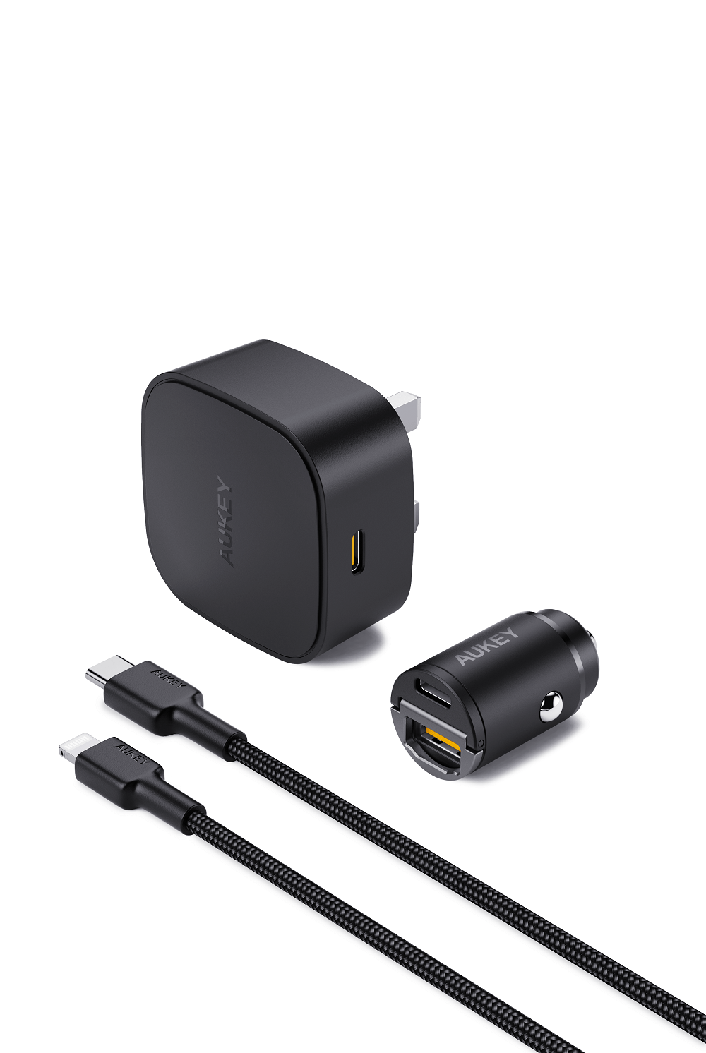 Aukey 20W Compact PD Charger + USB-C - Lightning Cable  + 30W Car Charger / Black - Bundle Offer