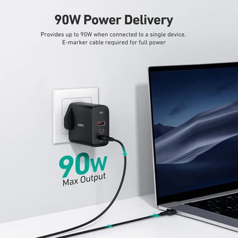 AUKEY 3-Port Wall Charger with GaN - 90W / USB-C / USB-A - Black