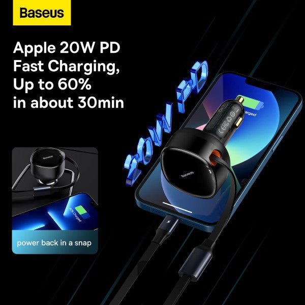 Baseus Enjoyment Retractable 2-in-1 Car Charger C+L 30W – Black